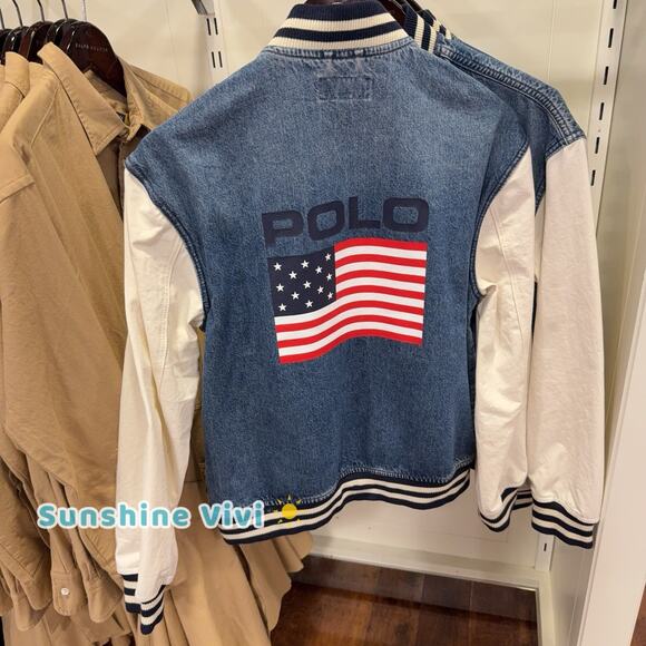 NWT Polo Ralph Lauren Women's DENIM Varsity BOMBER Jacket Blue medium - Picture 4 of 7